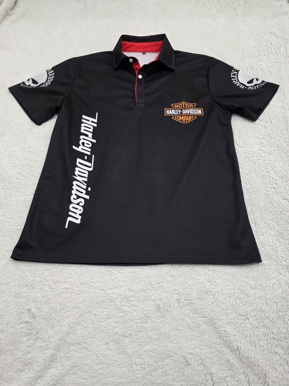 Harley-Davidson Black Polo with White Script and Orange Badge